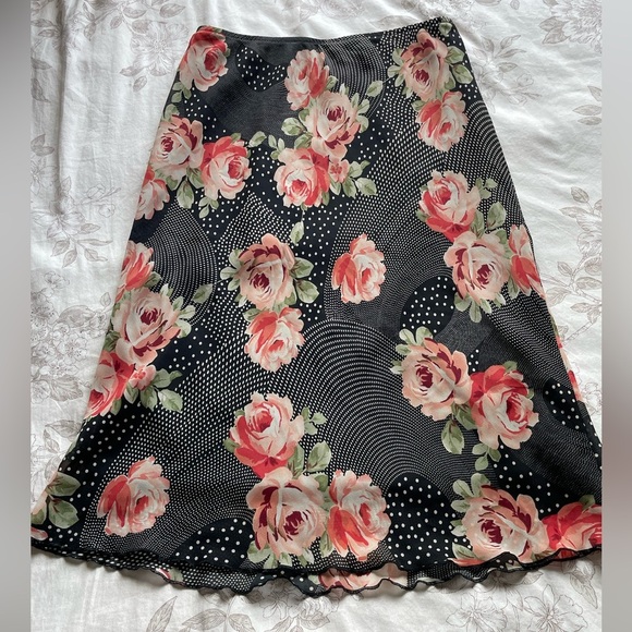 Vintage Pull On Black Patchwork Rose Polka Dot Slip Skirt 6 Romantic Fairycore - Picture 7 of 7
